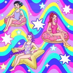 May include: Illustration of three women in swimsuits on inflatable pool floats. One is on a pink donut float, another on a star-shaped float, and the third on a donut float. The background has a colorful, wavy pattern with star accents.