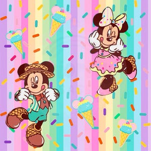 May include: A colorful illustration featuring Mickey and Minnie Mouse, along with ice cream cones and sprinkles, set against a rainbow striped background. Mickey is wearing a hat and a green outfit, while Minnie is in a pink dress.