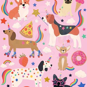 May include: A whimsical illustration on a pink background featuring various cartoon dogs with unicorn horns, rainbows, and stars. Other elements include a pizza slice, hot dog, ice cream cone, and a donut. The dogs are in different poses and colors.