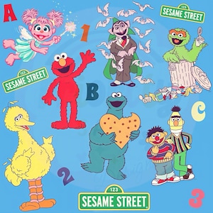 May include: A vibrant illustration of Sesame Street characters, including Elmo, Big Bird, and Cookie Monster, against a blue backdrop. The image incorporates the Sesame Street logo, letters, and numbers. The characters are depicted in different poses.