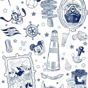 May include: A collection of nautical-themed illustrations in shades of blue and white. The image includes a cruise ship, lighthouse, Mickey and Minnie Mouse, a ship's wheel, and other related elements. The style is reminiscent of a sketch.