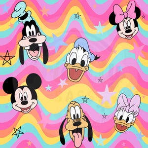 May include: A vibrant pattern featuring cartoon character faces, including Mickey Mouse, Minnie Mouse, Donald Duck, Goofy, Pluto, and Daisy Duck. The background has wavy stripes in pink, yellow, blue, and orange, with scattered star shapes.