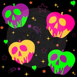 May include: A black background with four stylized apple illustrations in neon colors. Each apple has a skull-like face and dripping details. Stars and hearts in various colors and shapes surround the apples.