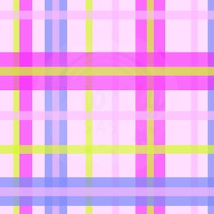 Könnte beinhalten: Ein lebendiges, farbenfrohes Karomuster mit sich kreuzenden Streifen in Pink, Lila, Blau und Gelb auf hellrosa Hintergrund. Das Design erzeugt einen gitterartigen Effekt, der für verschiedene Anwendungen geeignet ist.