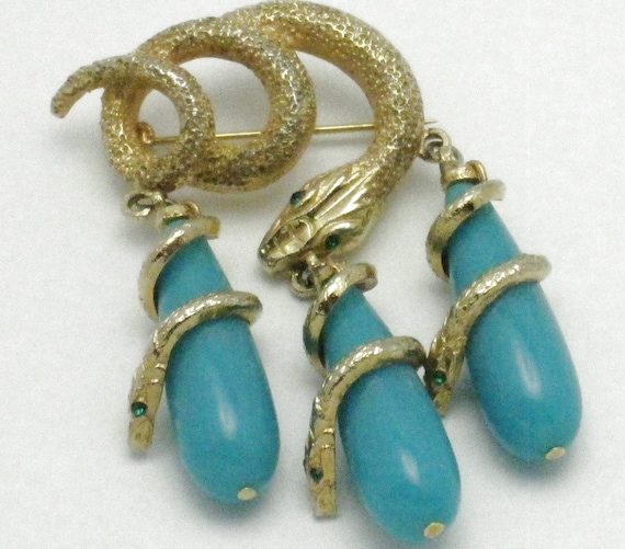 Vintage Dangle Snake Brooch Turquoise Gold Plated