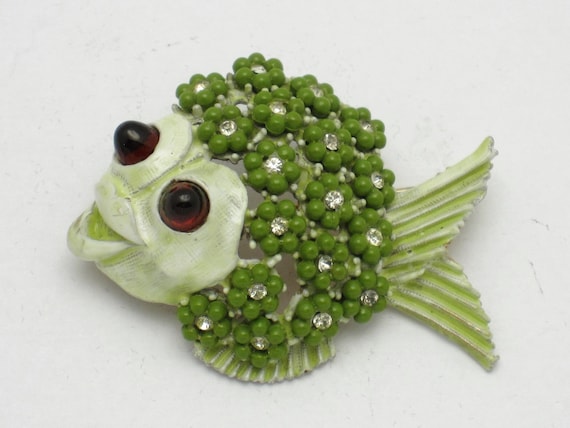 Vintage HAR Enamel Rhinestone Green Puffer Fish Br