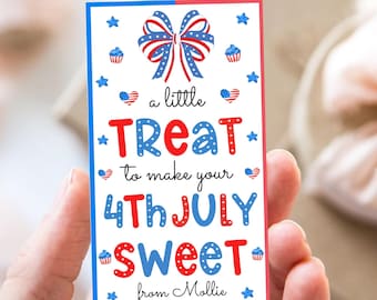 May include: A rectangular card with a red and blue border, featuring a bow, stars, hearts, and cupcakes. The card reads "a little TREAT to make your 4th JULY SWEET from Mollie" in red and blue lettering, celebrating Independence Day.