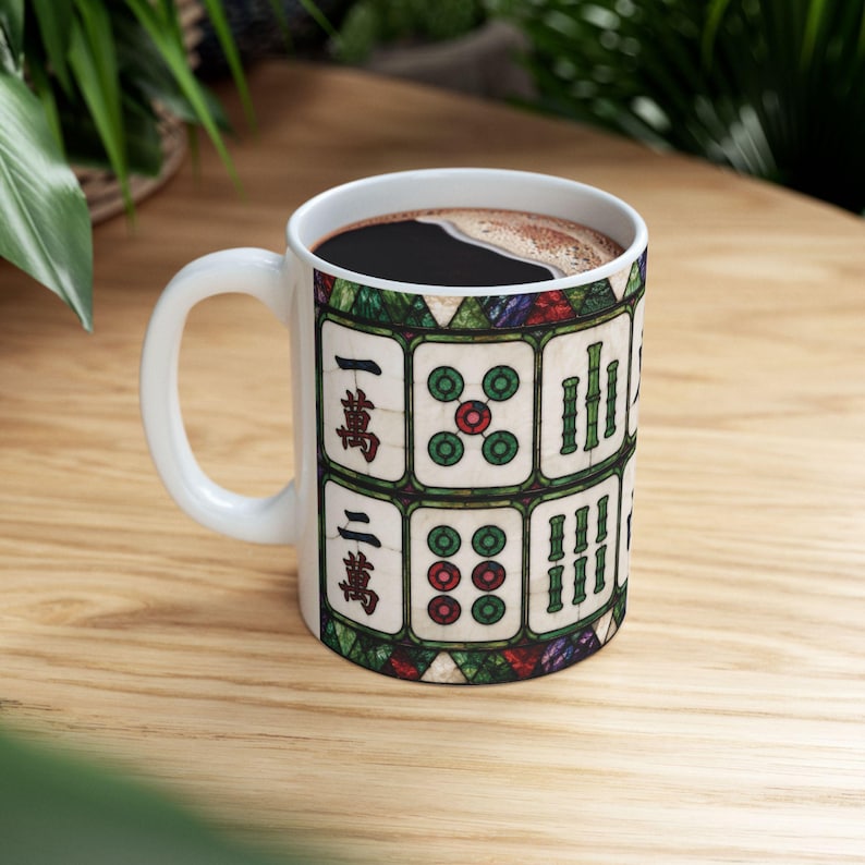 Mahjong Stained Glass Mug, Mahjong Tile Pattern Ceramic Mug | Gift for Mahjong Player, Mah jong Tiles Coffee Cup Stained Glass Effect image 6