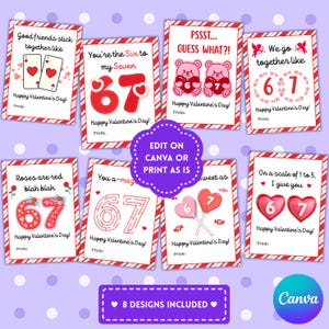 May include: A collection of eight Valentine's Day card designs. Each card features a red and white striped border and a unique message with the numbers 6 and 7. The cards include phrases like "Good friends stick together like" and "Roses are red blah blah."