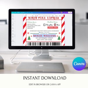 May include: A computer screen shows a North Pole Express shipping label template. The design includes red and white stripes, Christmas trees, and the text "Naughty" and "Nice" with a checkbox. The label has fields for the recipient's name and address.