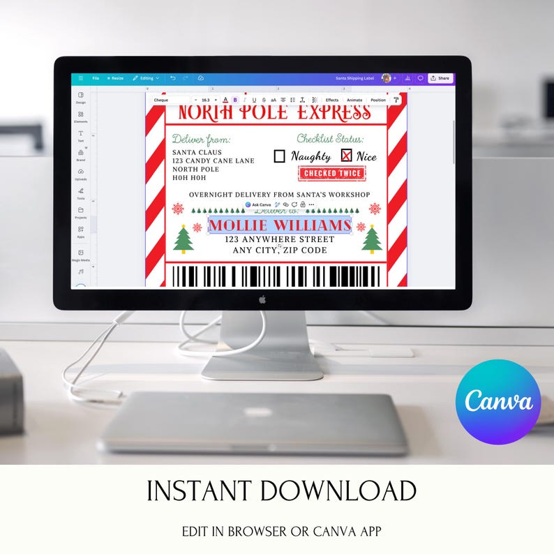 May include: A computer screen shows a North Pole Express shipping label template. The design includes red and white stripes, Christmas trees, and the text "Naughty" and "Nice" with a checkbox. The label has fields for the recipient's name and address.