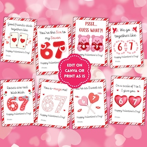 May include: Valentine's Day cards with red and white striped borders. Each card features playful text and graphics, including hearts, playing cards, teddy bears, and lollipops. The cards have phrases like "You're the Six to my Seven."