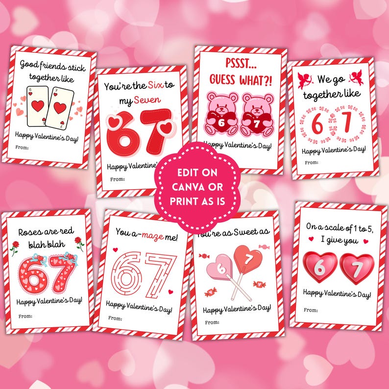May include: Valentine's Day cards with red and white striped borders. Each card features playful text and graphics, including hearts, playing cards, teddy bears, and lollipops. The cards have phrases like "You're the Six to my Seven."