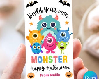 Halloween Build Your Own Monster Gift Tag, Halloween Monster Gift Tag, Halloween Party Favour Monster Tag Canva Template