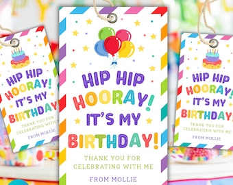 Etiqueta de regalo de feliz cumpleaños, etiqueta de fiesta infantil de colores del arcoíris, recuerdo de fiesta del aula escolar, etiqueta multicolor del arcoíris en Canva y descarga instantánea