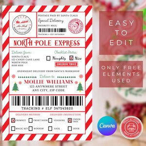 Santa Shipping Label, North Pole Delivery Sticker, Christmas Delivery Postage Label Canva Template