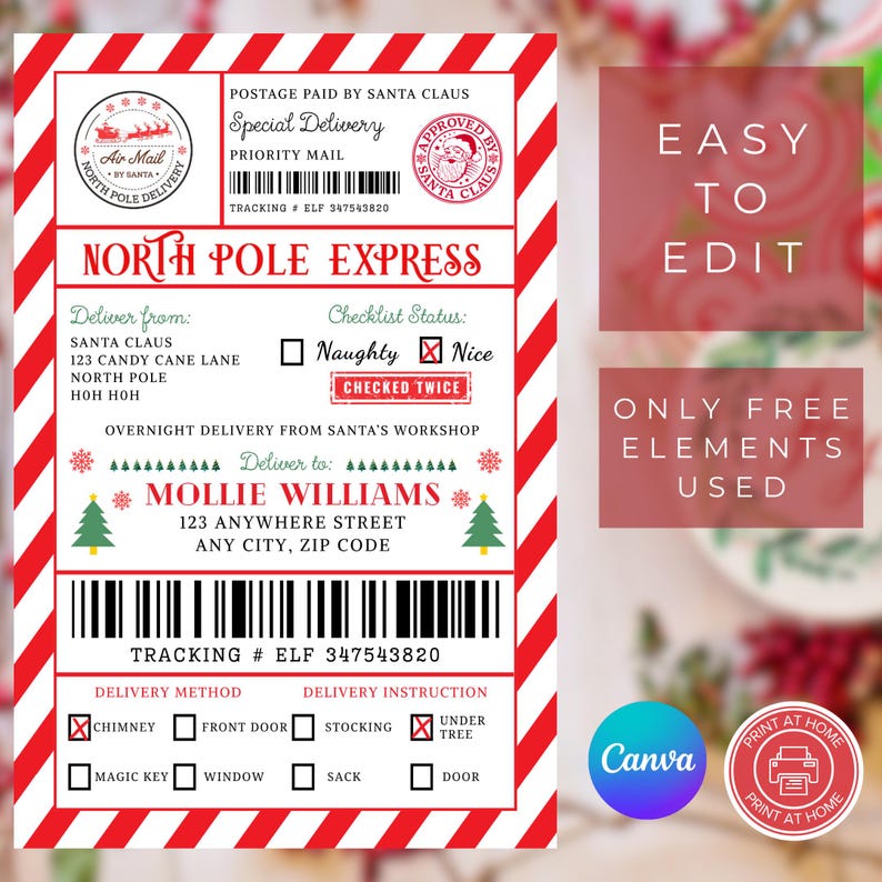 Santa Shipping Label, North Pole Delivery Sticker, Christmas Delivery Postage Label Canva Template
