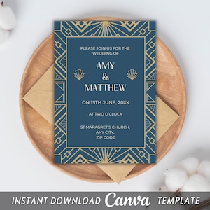 Art Deco Wedding Invitation: Elegant Gold & Navy, Editable Template (Digital Download)
