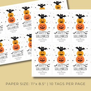 May include: Sheets of Halloween gift tags. Each tag features a stack of three pumpkins topped with a bat, the words "Happy Halloween", and "Your Friend Mollie". The tags are printed on a white background with star accents.