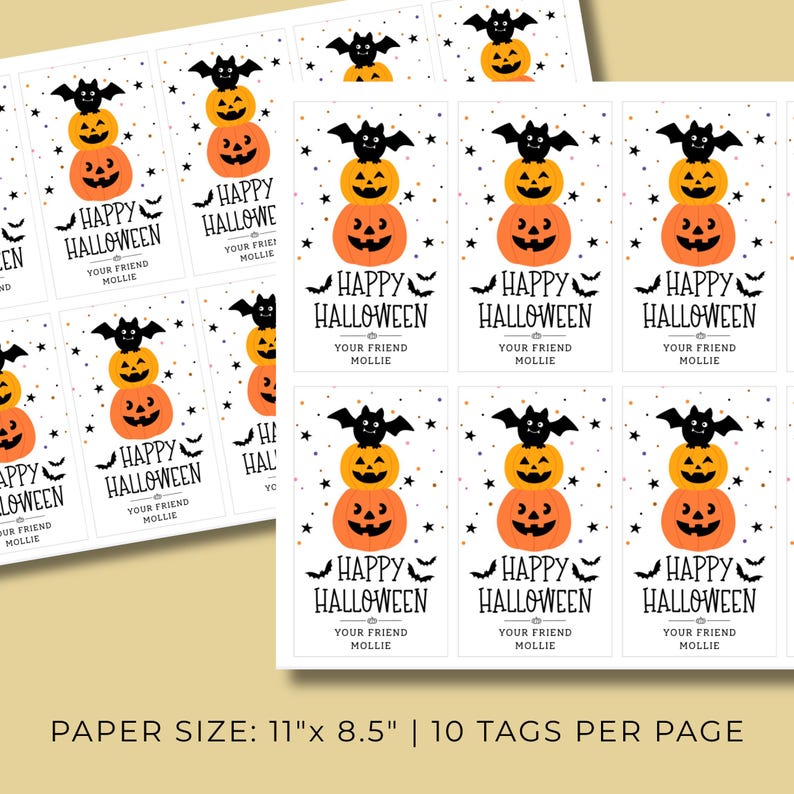 May include: Sheets of Halloween gift tags. Each tag features a stack of three pumpkins topped with a bat, the words "Happy Halloween", and "Your Friend Mollie". The tags are printed on a white background with star accents.