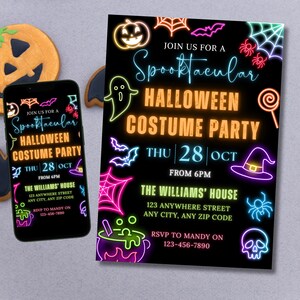 May include: A black Halloween costume party invitation with neon green, orange, pink, and purple graphics. The invitation includes the text "Spooktacular Halloween Costume Party" and event details. A smartphone displays the same invitation.