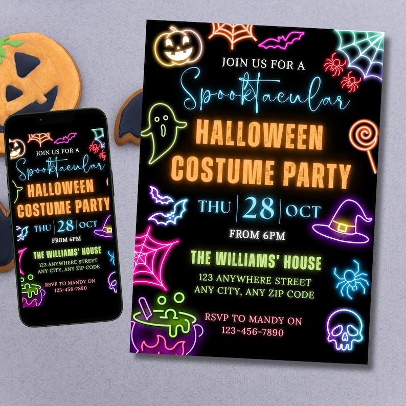 May include: A black Halloween costume party invitation with neon green, orange, pink, and purple graphics. The invitation includes the text "Spooktacular Halloween Costume Party" and event details. A smartphone displays the same invitation.