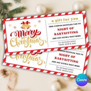 May include: Two Christmas-themed gift coupons with red and white diagonal stripes. The top coupon reads "Merry Christmas" in red and gold script. The coupons offer a "Night of Babysitting" and are addressed to Richard Jones.