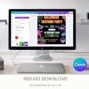 May include: A computer monitor displays a Halloween Costume Party invitation design. The invitation features neon green and pink graphics, including a ghost, spiderweb, witch hat, and skull. The text reads "Halloween Costume Party" and includes event details. The Canva logo is visible.