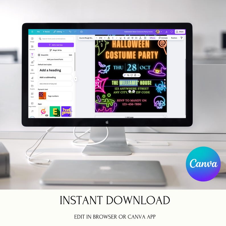 May include: A computer monitor displays a Halloween Costume Party invitation design. The invitation features neon green and pink graphics, including a ghost, spiderweb, witch hat, and skull. The text reads "Halloween Costume Party" and includes event details. The Canva logo is visible.
