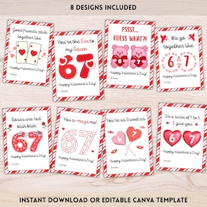 May include: Eight Valentine's Day card designs with red and white striped borders. Each card features a unique message with hearts, teddy bears, and playful graphics. The cards include phrases like "Good friends stick together like" and "You're the Six to my Seven."