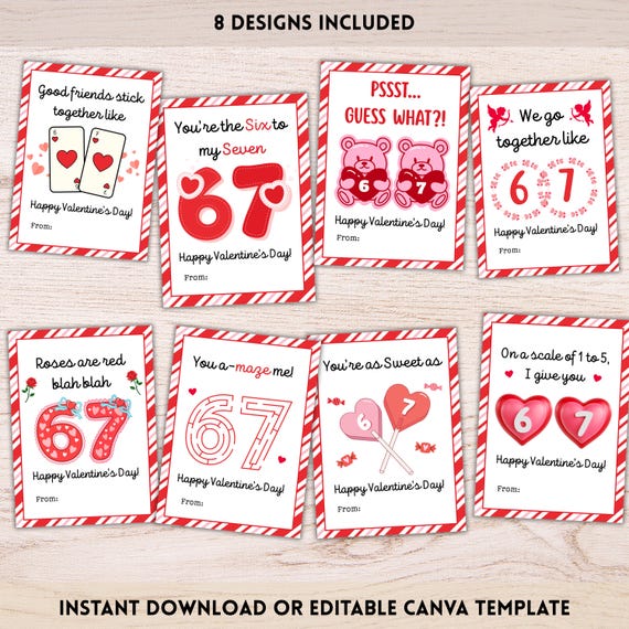 Valentine's 6 7 Cards, 6-7 Valentines Day Cards, Kids School Printable Valentines Six Seven Cards Instant Download PDF or Canva template