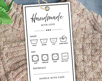 Care Instructions Tag Label, Handmade Clothes Label, Washing Instructions Label for Clothes, Towels, Linen Instant Download Print at Home