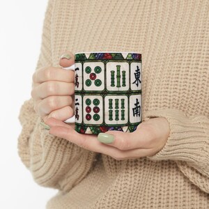 Mahjong Stained Glass Mug, Mahjong Tile Pattern Ceramic Mug | Gift for Mahjong Player, Mah jong Tiles Coffee Cup Stained Glass Effect image 3