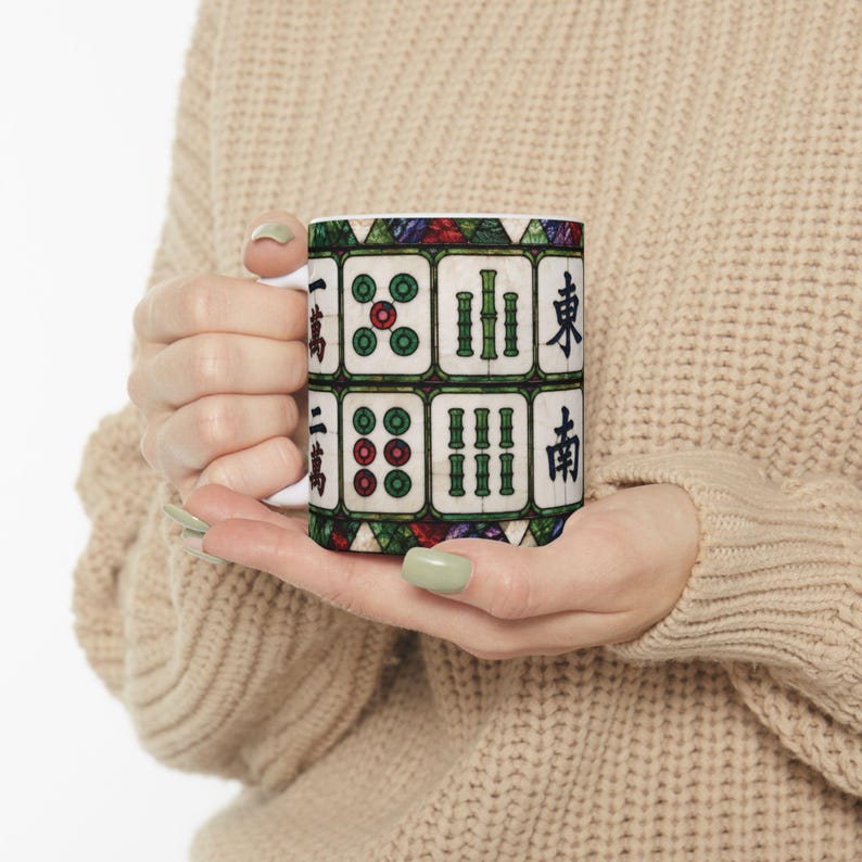 Mahjong Stained Glass Mug, Mahjong Tile Pattern Ceramic Mug | Gift for Mahjong Player, Mah jong Tiles Coffee Cup Stained Glass Effect image 3