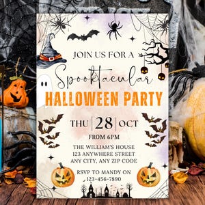 May include: Halloween party invitation with a watercolor design. The invitation features bats, spiders, a witch's hat, and pumpkins. Text includes "Join us for a Spooktacular Halloween Party" and event details.