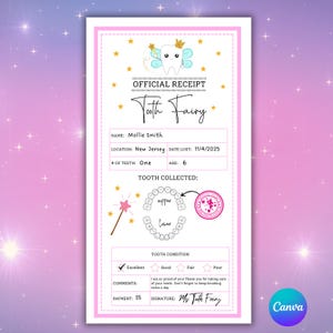 Recibo editable del Hada de los Dientes para niños, carta del Hada de los Dientes, plantilla imprimible de Canva para el primer diente perdido