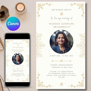 Convite para funeral indiano, anúncio de funeral hindu enviado pelo WhatsApp, modelo digital editável para morte no Canva