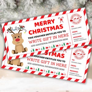 May include: Two Christmas gift vouchers with red and white striped borders. The vouchers feature a reindeer illustration and the text "MERRY CHRISTMAS". They include space to write a gift and additional information.