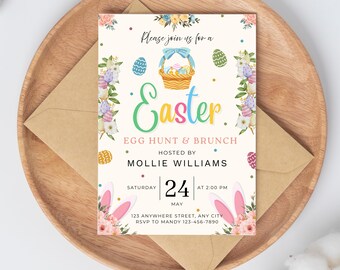 Floral Easter Egg Hunt Invitation, Easter Party Invite, Easter Brunch Invitation, Floral Pretty Easter Invite Editable Canva Template