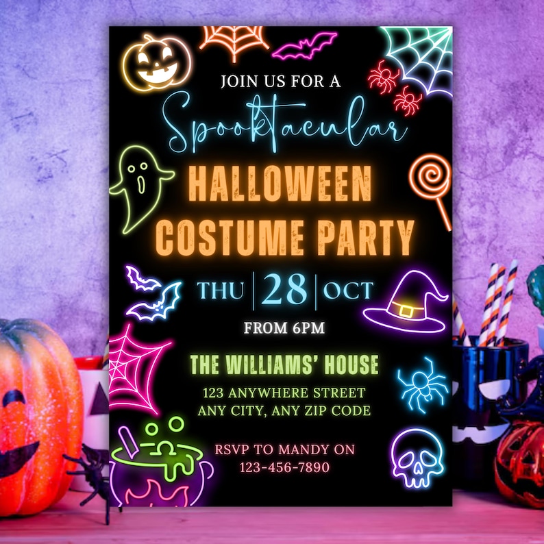 May include: Black Halloween party invitation with neon green, orange, and pink graphics. The text reads "Join us for a Spooktacular Halloween Costume Party" with the date, time, and address. RSVP information is also included.