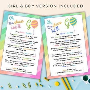 May include: Two colourful printable cards with text, one for a girl and one for a boy, featuring the phrase "Oh, the places she'll/he'll go." Each card has a balloon graphic and a message for a teacher. The cards are designed to be given as gifts.