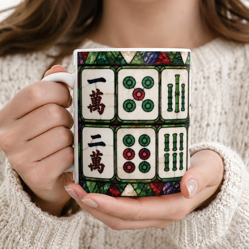 Mahjong Stained Glass Mug, Mahjong Tile Pattern Ceramic Mug | Gift for Mahjong Player, Mah jong Tiles Coffee Cup Stained Glass Effect image 1