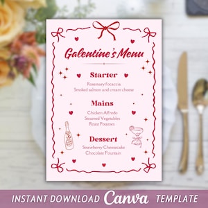 Könnte beinhalten: Eine rosa Galentine's-Menüvorlage mit einem dekorativen Rand aus Schleifen, Herzen und Sternen. Das Menü umfasst Vorspeisen, Hauptgerichte und Desserts. Der Text "INSTANT DOWNLOAD Canva TEMPLATE" steht unten.