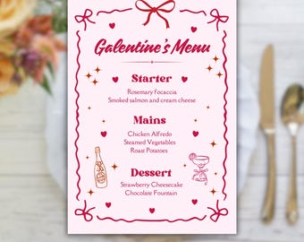 Galentines Menu Template, Printable Galentines Party Menu, Valentines Menu Girls only, Dinner Cocktail Menu Canva template 004
