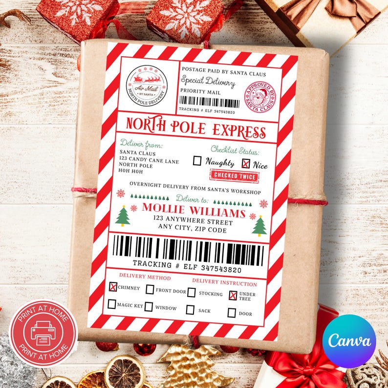 Santa Shipping Label, North Pole Delivery Sticker, Christmas Delivery Postage Label Canva Template