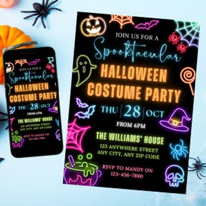 May include: Black Halloween party invitation with neon-style graphics. The invitation includes a pumpkin, bats, spiderwebs, and a witch's hat. Text reads "Join us for a Spooktacular Halloween Costume Party" and provides event details.