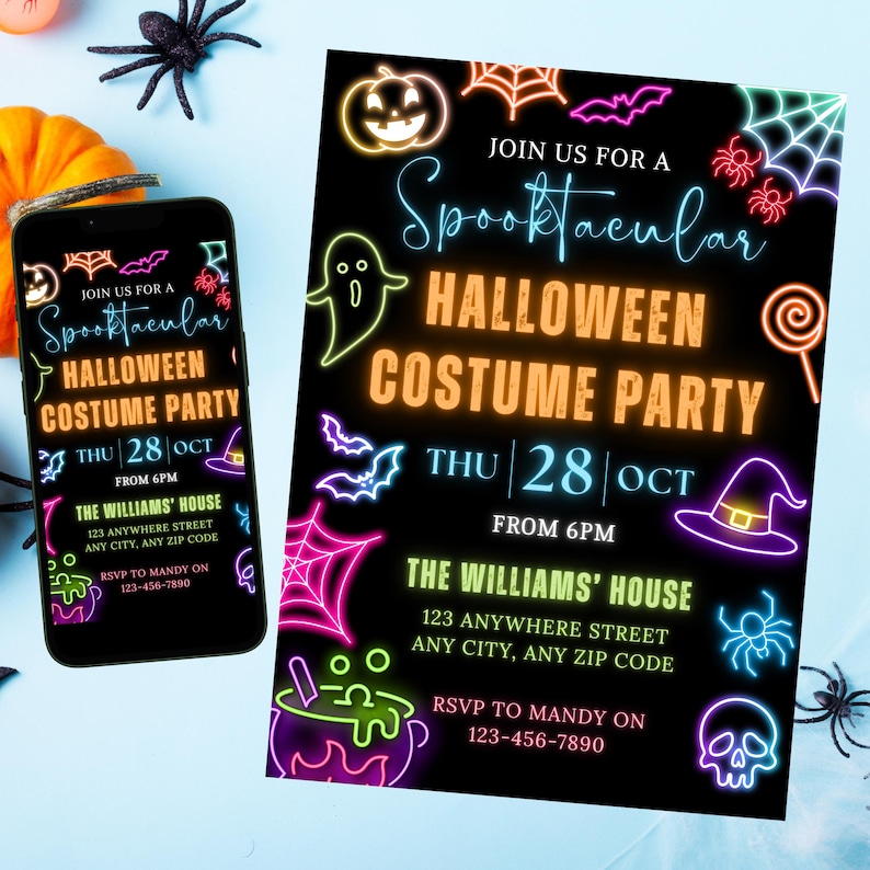 May include: Black Halloween party invitation with neon-style graphics. The invitation includes a pumpkin, bats, spiderwebs, and a witch's hat. Text reads "Join us for a Spooktacular Halloween Costume Party" and provides event details.