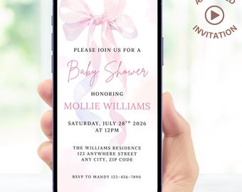 Blush Pink Bow Baby Shower Animated Mobile Invitation, Girl Baby Shower Coquette Watercolor Bow Invite Editable Canva Template