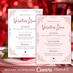 Puede incluir: Una plantilla de menú imprimible para el Día de San Valentín con un fondo rosa y un borde decorativo. El menú incluye un entrante, un plato principal y un postre. El texto del menú dice "Menú de San Valentín" e incluye los nombres "Martin & Lucy's".