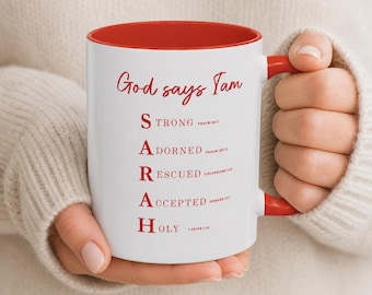 Taza personalizada con nombre cristiano y versículos bíblicos, taza con el mensaje "Dios dice que eres tú", regalo personalizado con escritura, regalo religioso para bautismo o primera comunión.